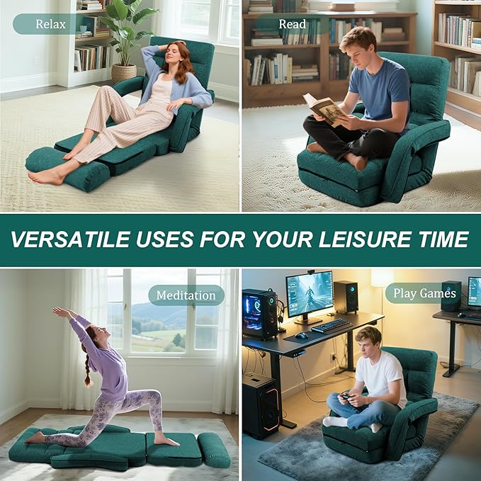 Adjustable Floor Chair for Adults with Back Suppor,5-Position Folding Lazy Sofa with Pillow, Gaming & Meditation Chair with Breathable Fabric - for Living Room, Bedroom, Office,Balcony (Green)