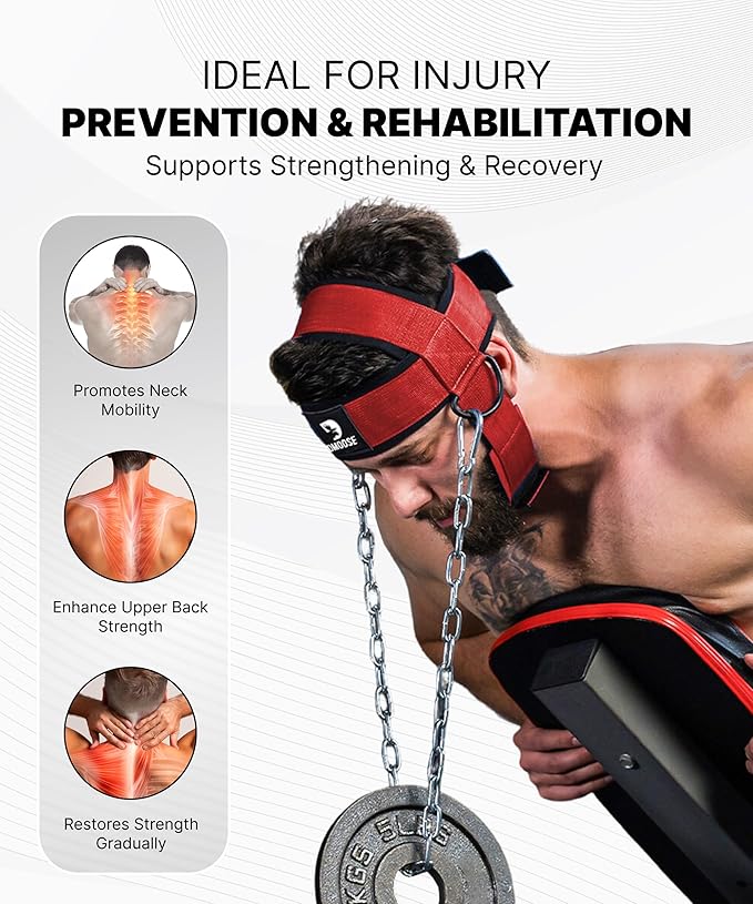 DMoose Fitness Neck Harness for Weight Lifting - Soft Padded Head & Chin Strap with 30" Heavy Duty Steel Chain - Neck Exerciser, Trainer & Strengthener to Support Injury Recovery and Intense Workouts