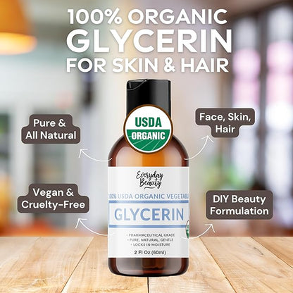 100% Organic Glycerin - For Skin & Hair - Food Grade - USDA Certified - Not From Palm Oil - Perfect Skin and Hair Moisturizer - 2 Fl Oz