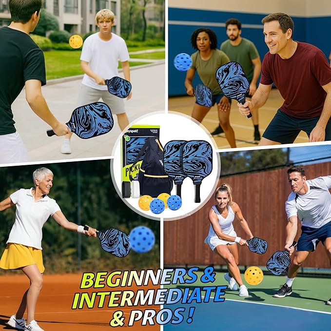 Pickleball Paddles Set of 2, Fiberglass Pickle Ball Rackets, Lightweight Paddle Set Includes 4 Outdoor Indoor Balls, 2 Grip Tapes & Carry Bag, Oversized Sweet Spot for Men, Women, Adult, Teenager