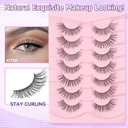 Natural Cat Eye Lashes, 13mm Wispy, Thin Memory Band, Volume, Soft Strip Lashes, Pack of 7