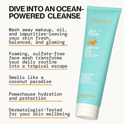Pacifica Beauty Sea Foam Face Cleanser, Daily Gentle Foaming Face Wash, With Coconut Water + Sea Algae Complex, Removes Makeup, For Combination and Oily Skin, Vegan and Cruelty Free, Clean Skin Care