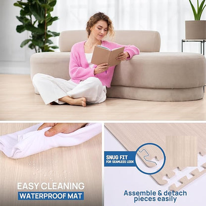 Yes4All 48SQ.FT Wood Grain Puzzle Exercise Mat Protective Flooring, EVA Interlocking Foam Floor Tiles with Border for Home