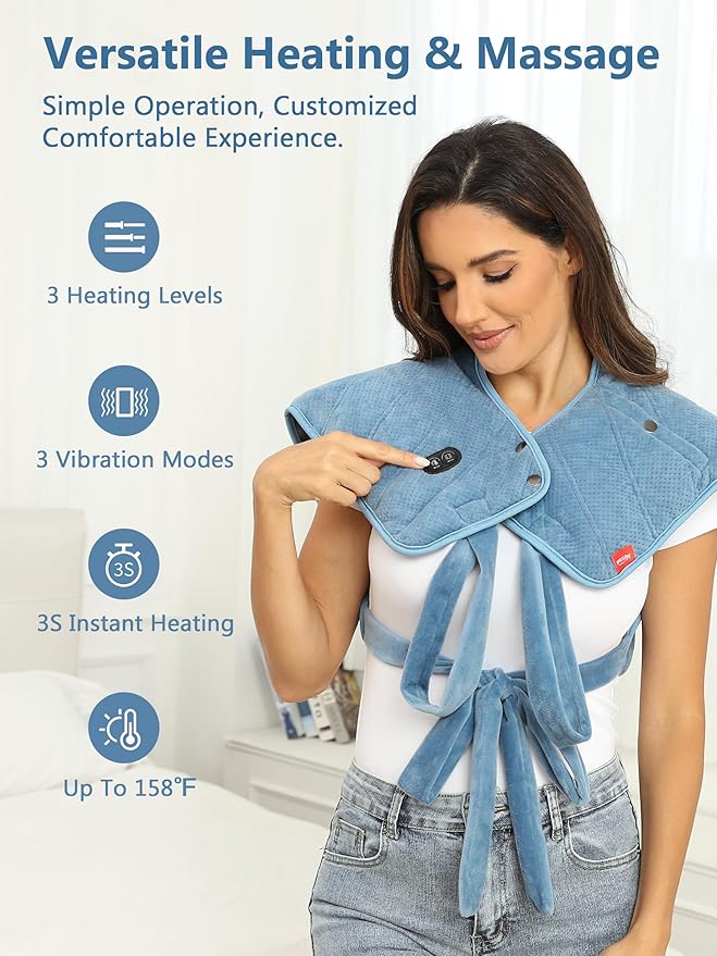 Heating Pad for Neck and Shoulders and Back with Battery,12V Portable Cordless Heated Pad with Vibration Massager and 3 Heating Modes,Weighted Electric Heat Pad,Max 158℉,16.9'' x 23.6''