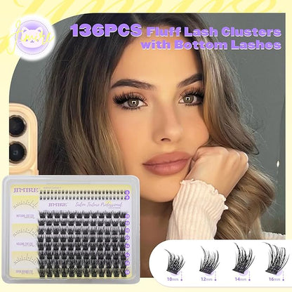 JIMIRE Lash Clusters Volume Eyelash Clusters 10-16MM D Curly Fluff Cluster Eyelash Extensions with Bottom Lash Clusters 136Pcs Individual Lashes DIY at Home