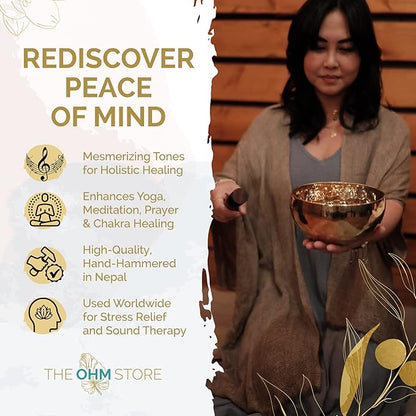 Large Tibetan Singing Bowl Set by Ohm Store — Deep Tone Pure Bronze Meditation Sound Bowl Hand Hammered in Nepal — The Sunset Bowl 6.5 Inch