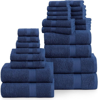 LANE LINEN 24 PC Premium Towel Set - 2 Bath Sheets, 4 Bath Towels, 4 Fingertip, 8 Washcloths, 6 Hand Towels - 100% Ringspun Cotton - Highly Absorbent Towels for Bathroom, Gym, Hotel & Spa - Navy Blue