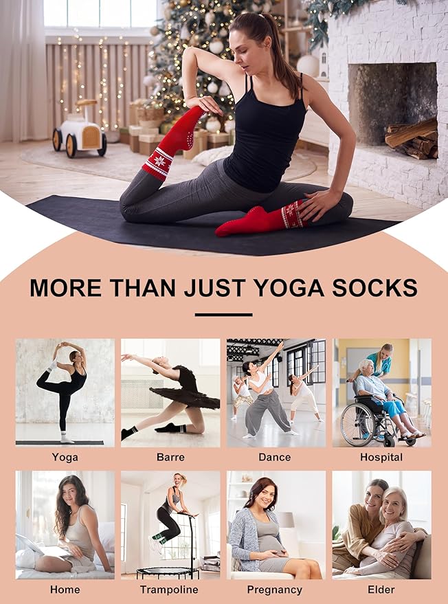 Toes Home Pilates Socks for Women with Non Slip Grippers, Yoga Crew Socks for Barre Hospital Sticky Slipper Socks 4 Pairs