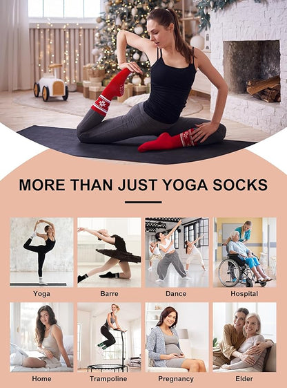 Toes Home Pilates Socks for Women with Non Slip Grippers, Yoga Crew Socks for Barre Hospital Sticky Slipper Socks 4 Pairs