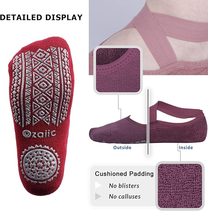 Ozaiic Yoga Socks for Women Non-Slip Grips & Straps, Ideal for Pilates, Pure Barre, Ballet, Dance, Barefoot Workout