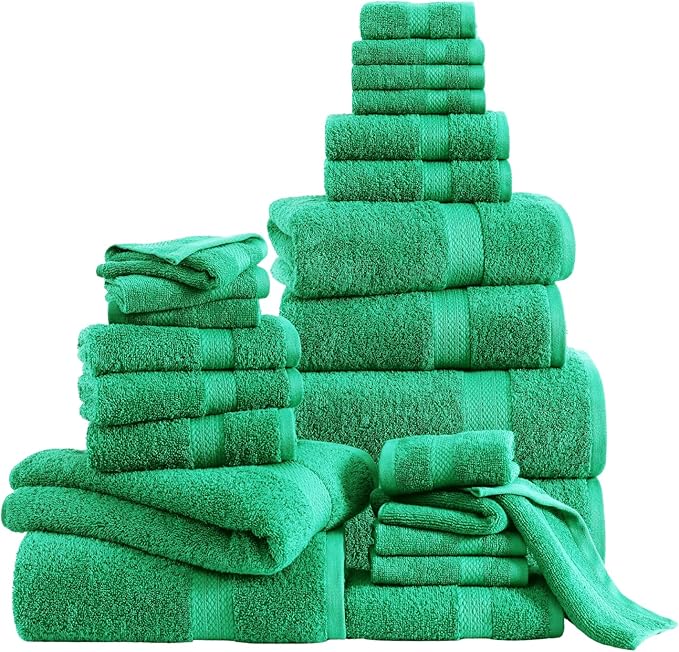 LANE LINEN 100% Mercerized Cotton Bathroom Towels Set - 24 Pc - Ringspun, Quick Dry, Soft & Absorbent - 2 Bath Sheets, 4 Bath Towels, 6 Hand Towels, 8 Washcloths, 4 Fingertip - Family Pack - Emerald