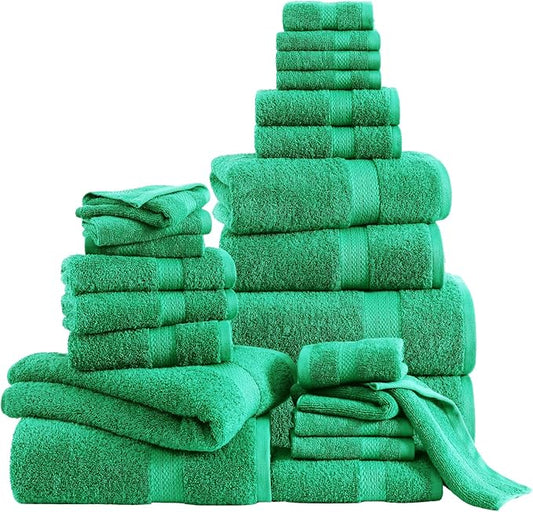 LANE LINEN 100% Mercerized Cotton Bathroom Towels Set - 24 Pc - Ringspun, Quick Dry, Soft & Absorbent - 2 Bath Sheets, 4 Bath Towels, 6 Hand Towels, 8 Washcloths, 4 Fingertip - Family Pack - Emerald