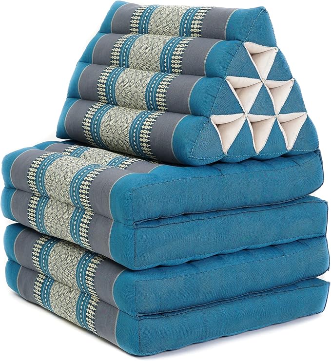 Leewadee Comfortable Japanese Floor Mattress - Thai Floor Bed with Triangle Cushion - Futon Mattress - XL Extra Long Thai Massage Mat, 89 x 20 inches, Light Blue, Kapok Filling