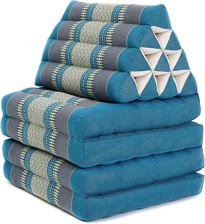 Leewadee Comfortable Japanese Floor Mattress - Thai Floor Bed with Triangle Cushion - Futon Mattress - XL Extra Long Thai Massage Mat, 89 x 20 inches, Light Blue, Kapok Filling