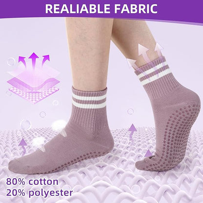 Jeyiour 4 Pairs Womens Pilates Socks with Grip Long Non Slip Yoga Crew Socks for Barre Hospital Home Workout