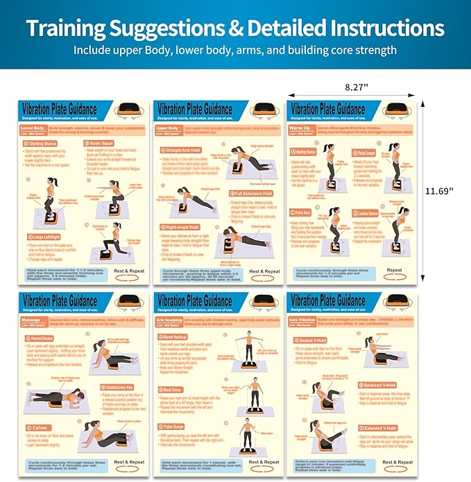 Whole Body Vibration Plate Exercise Poster Set - 6 Workout Guides & 2 Customizable 30-Day Plans for Home & Gym Use