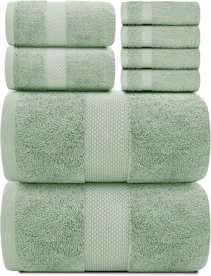 White Classic Luxury Bath Towel Set of 8 Pieces - 100% Turkish Cotton Highly Absorbent Towels for Bathroom, 2 Luxury Bath Towels 700GSM, 2 Hand Towels, 4 Washcloths, Green