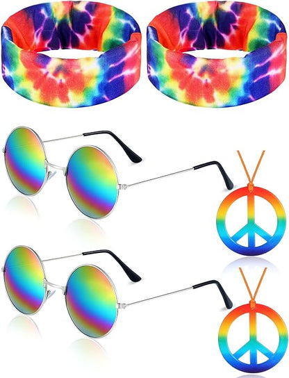 Frienda Hippie Costume Set, Hippie Sunglasses, Peace Sign Necklace and Tie Dye Headband for 60s 70s Accessories
