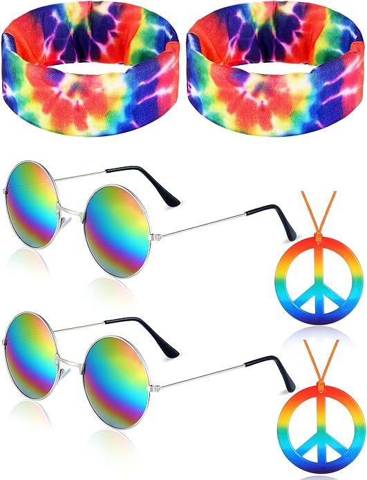 Frienda Hippie Costume Set, Hippie Sunglasses, Peace Sign Necklace and Tie Dye Headband for 60s 70s Accessories