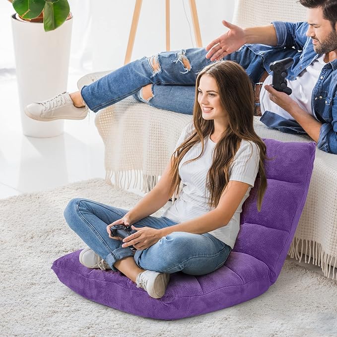 Moccha 14-Position Floor Chair, Folding Sofa Chair with Back Support, Memory Foam Floor Gaming Chairs for Adults, Adjustable Padded Couch Recliner Sleeper Bed for Reading, Meditating, Purple