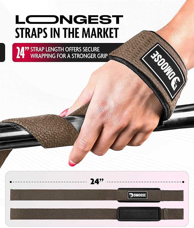DMoose Fitness Lifting Straps 24" (Pair) - 5mm Padded Durable Wrist Straps for Weightlifting & Powerlifting - Cotton Lifting Strap with Silicone Grip for Men & Women - Deadlift Strap for Gym Workout