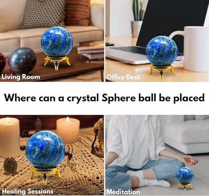 Amazing Gemstone Lapis Lazuli Crystal Ball with Stand - 2" Inches Crystal Sphere Meditation Balls for Witchcraft and Decorative Balls