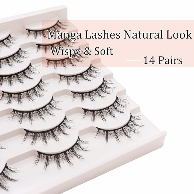 Losha Manga Lashes Fluffy Faux Mink Lashes 14 Pairs Natural False Lashes Pack Wispy Short Anime Lashes Look Like Individual Clusters (3D1009)