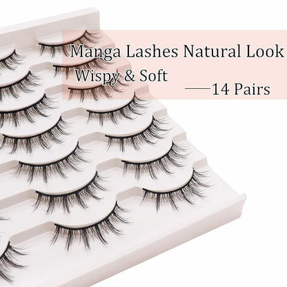 Losha Manga Lashes Fluffy Faux Mink Lashes 14 Pairs Natural False Lashes Pack Wispy Short Anime Lashes Look Like Individual Clusters (3D1009)
