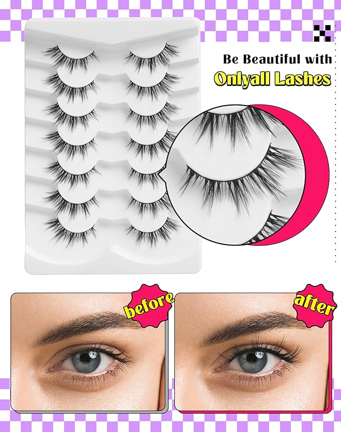 Onlyall Natural Lashes Wispy Lashes Natural Look False Eyelashes Natural Flared Eyelashes False Eye Lashes Soft Fluffy Lashes 7 Pairs D13 Sexy Cat Eye-10mm