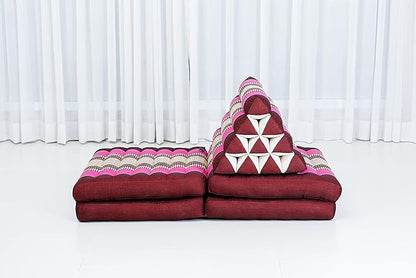 Leewadee Comfortable Japanese Floor Mattress - Thai Floor Bed with Triangle Cushion - Futon Mattress - XL Extra Long Thai Massage Mat, 89 x 20 inches, Auburn Pink, Kapok Filling