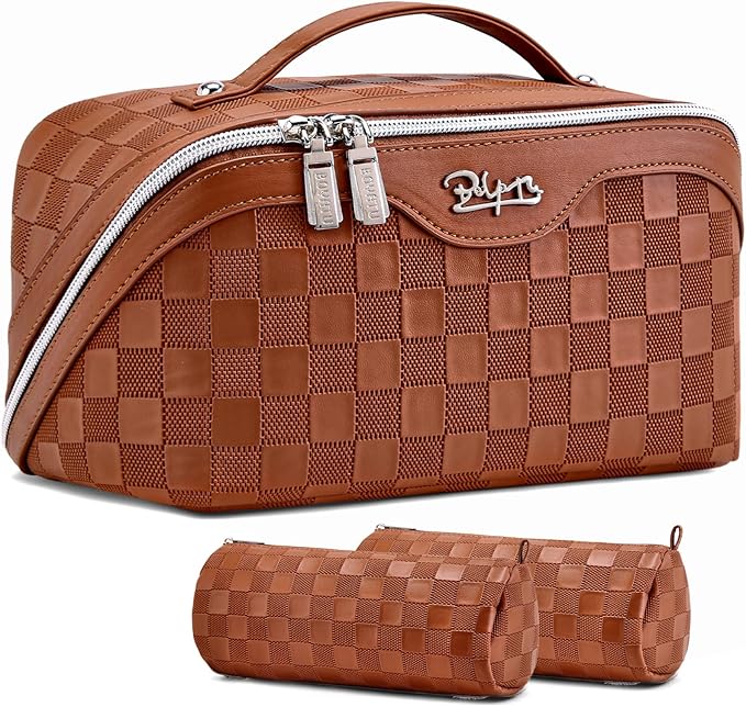 BOYATU Travel Makeup Bag Organizer Cosmetic Bag: 3 Pcs Set Make up Bags for Women with Handle - Waterproof Vegan Leather Toiletry Bags Travel Essentials Pouch with Compartments (C-10-tan)
