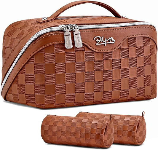 BOYATU Travel Makeup Bag Organizer Cosmetic Bag: 3 Pcs Set Make up Bags for Women with Handle - Waterproof Vegan Leather Toiletry Bags Travel Essentials Pouch with Compartments (C-10-tan)