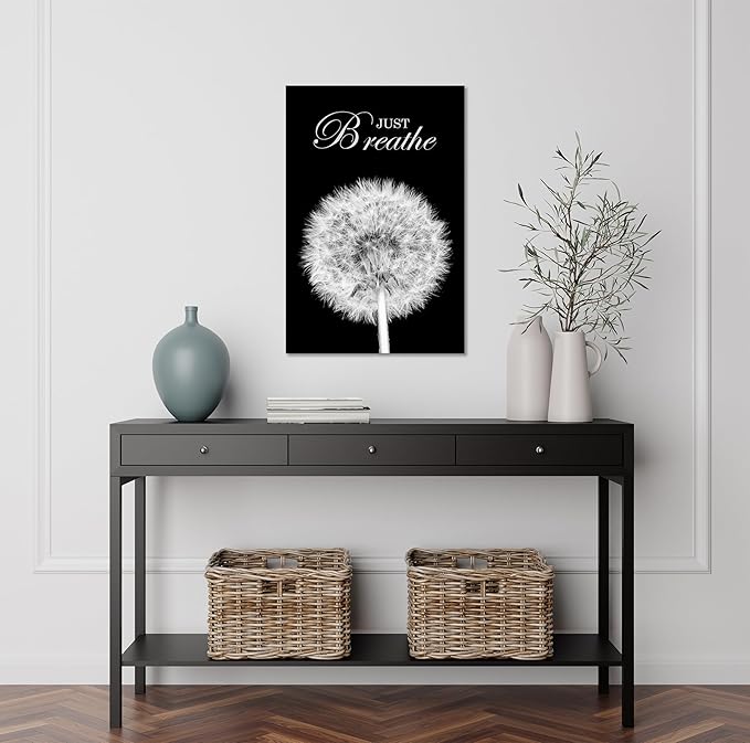YIOZHAOFH Black Dandelion Picture Artwork Bedroom Decoration Just Breathe Canvas Painting Photo Relaxing Meditation Art Wall Decor Framed for Home Room Office (24L x 36W)