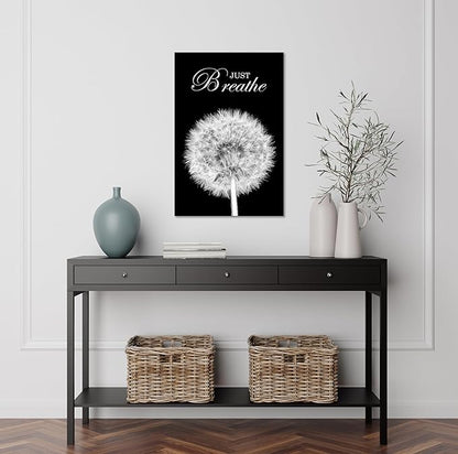 YIOZHAOFH Black Dandelion Picture Artwork Bedroom Decoration Just Breathe Canvas Painting Photo Relaxing Meditation Art Wall Decor Framed for Home Room Office (24L x 36W)