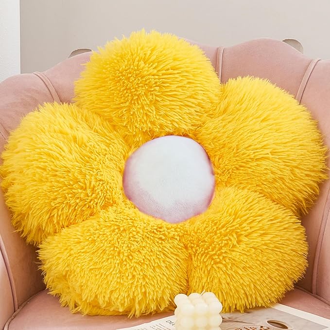 MorroMorn Flower Pillow Shaped Throw Pillows, 20" Floor Pillow Butt Cushion - Fluffy Shaggy Daisy Floral Decorative Pillows for Bed Couch Sofa Chair Cute Plush Faux Fur Room Decor (Yellow)