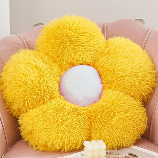 MorroMorn Flower Pillow Shaped Throw Pillows, 20" Floor Pillow Butt Cushion - Fluffy Shaggy Daisy Floral Decorative Pillows for Bed Couch Sofa Chair Cute Plush Faux Fur Room Decor (Yellow)