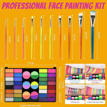 Face Painting Kit Professional, Water Based Face Paint Kit, Non Toxic Face Paint Palette with Body Glitter Gel, Neon Face Paint, Glitter Face Paint & 10 Face Paint Brushes for Halloween, Easter