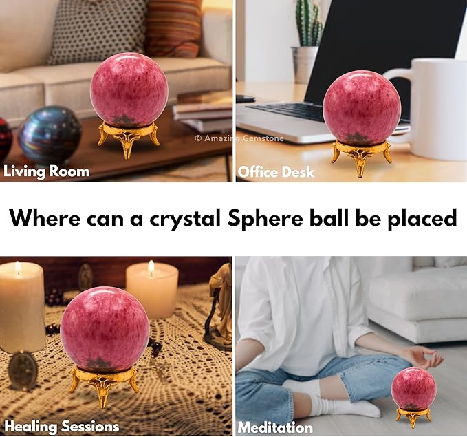 Amazing Gemstone Rhodonite Crystal Ball with Stand - 2 Inches Crystal Sphere Meditation Balls for Witchcraft and Decorative Balls