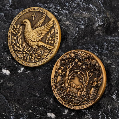 Christian Peace Medallion with Dove and Angels – Inspirational Religious Gift with Bible Verse Matthew 5:9 and Graceful Design