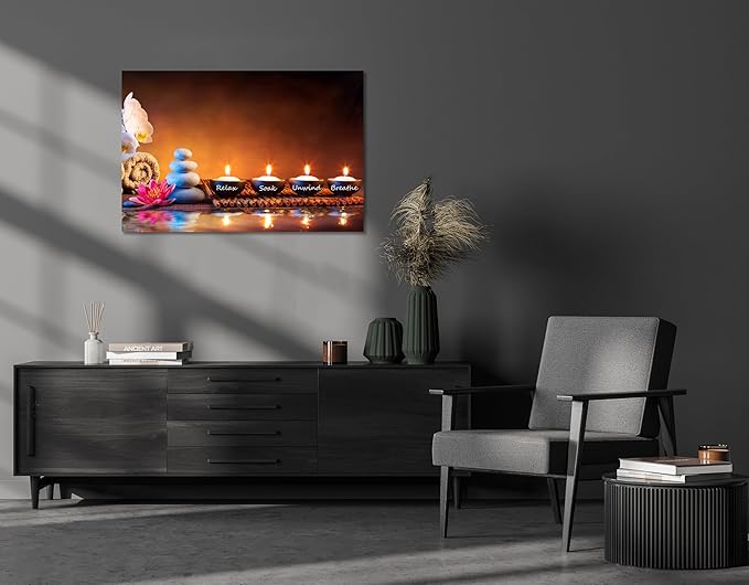 Zen Wall Art Lotus Flower Decor Breathe Canvas Picture Candles Relaxing Peaceful Poster Prints for Zen Spa Room Living Room Bedroom(28.00" x 44.00")