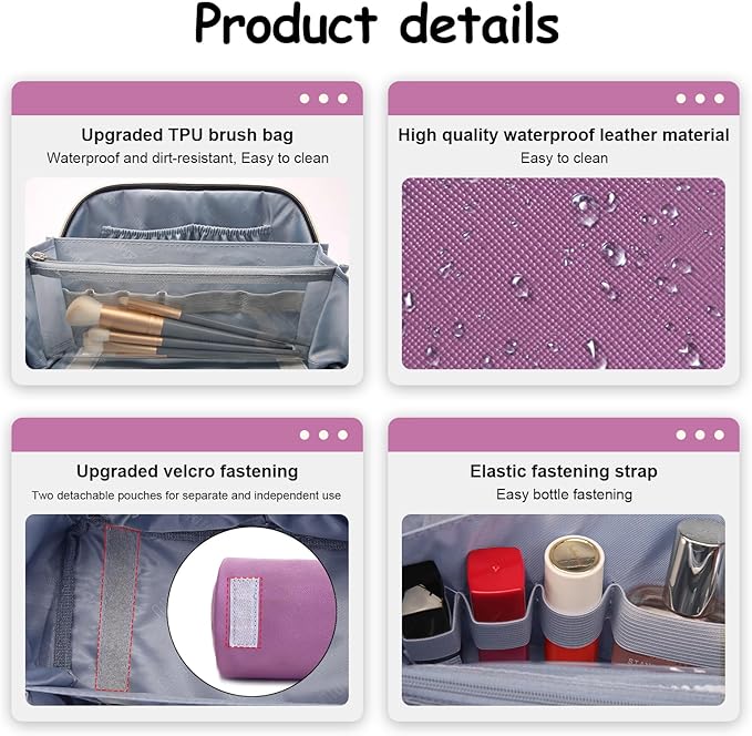 BOYATU Travel Makeup Bag Organizer Cosmetic Bag: 3 Pcs Set Make up Bags for Women with Handle - Waterproof Vegan Leather Toiletry Bags Travel Essentials Pouch with Compartments (G-07-Purple)