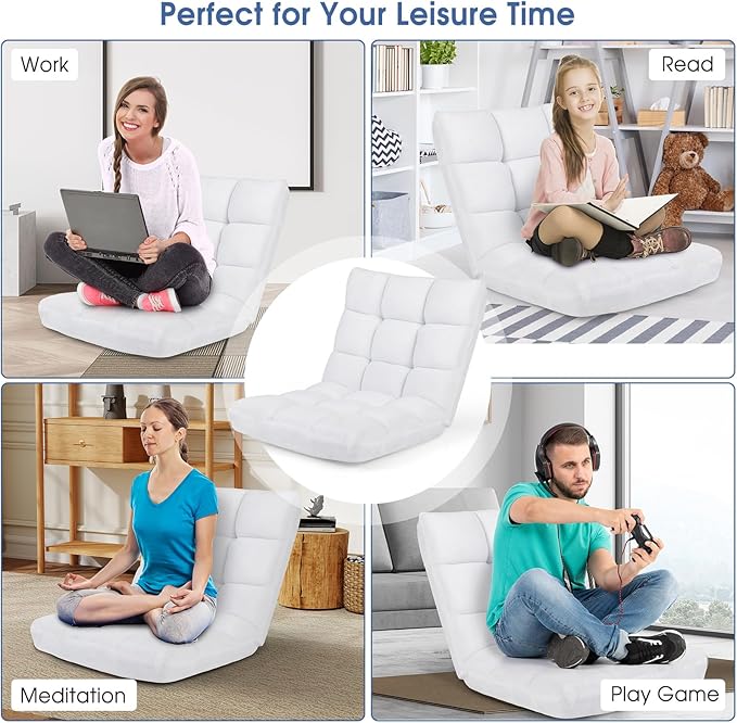 Moccha 14-Position Floor Sofa, Folding Sofa Chair with Back Support, Memory Foam Floor Gaming Chairs for Adults, Adjustable Padded Couch Recliner, Chaise Lounge for Reading, Meditating (White)