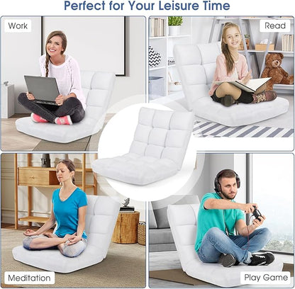 Moccha 14-Position Floor Sofa, Folding Sofa Chair with Back Support, Memory Foam Floor Gaming Chairs for Adults, Adjustable Padded Couch Recliner, Chaise Lounge for Reading, Meditating (White)