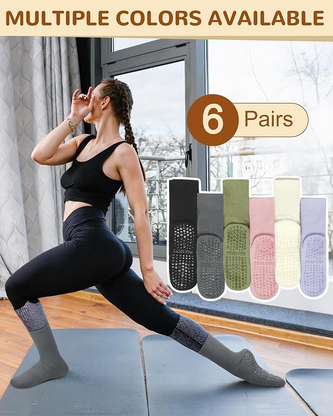Justay 6 Pairs Pilates Socks with Grips for Women Soft Non Slip Crew Cotton Athletic Workout Barre Hospital Yoga Socks