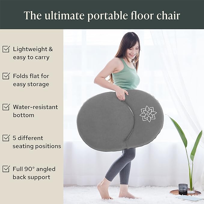 Mindful Modern Meditation Chair | Adjustable Floor Chair with Back Support | Padded Floor Seat for Posture Support and Comfort | Portable Folds Flat for Storage | Indoor/Outdoor Use | Slate Grey