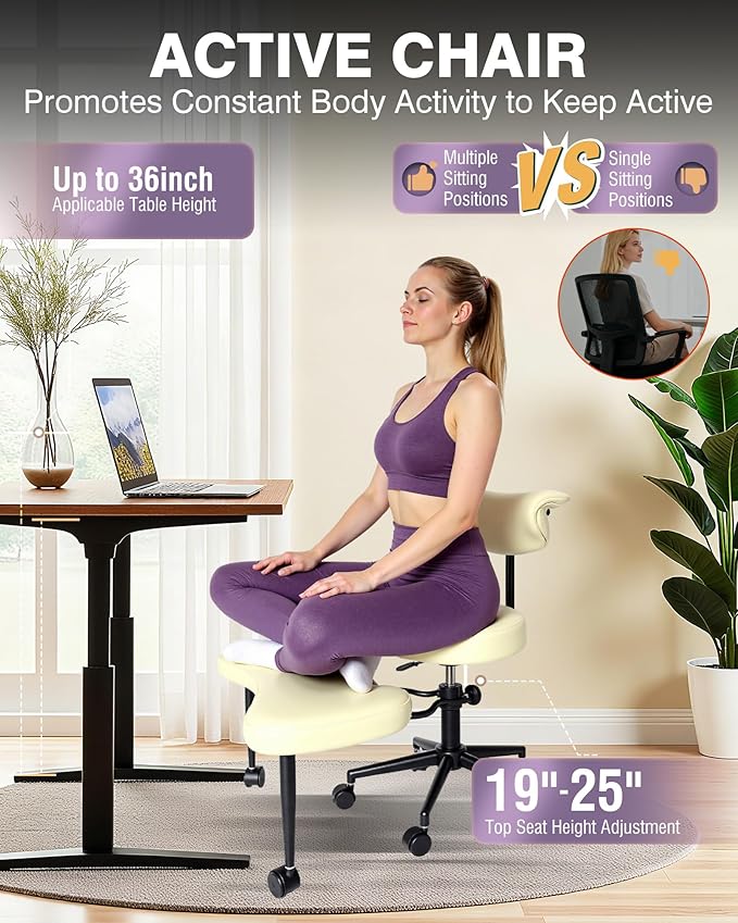 PYY Cross Legged Office Chair - with Wrap-Around Armrest, 300lbs Load Capacity Meditation Chair with Wheels for Adults, Adjustable Height Yoga Chair, Ergonomic Chair for Home and Office