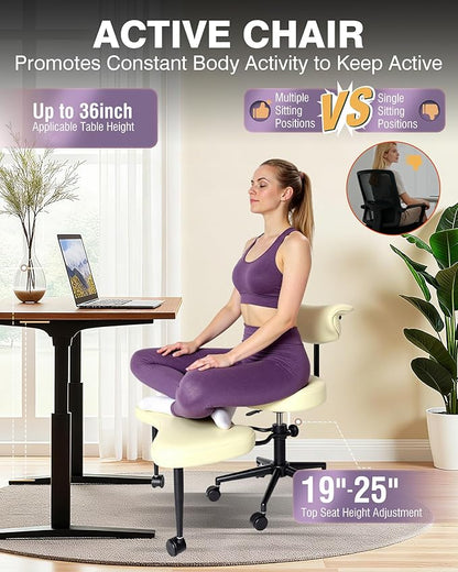 PYY Cross Legged Office Chair - with Wrap-Around Armrest, 300lbs Load Capacity Meditation Chair with Wheels for Adults, Adjustable Height Yoga Chair, Ergonomic Chair for Home and Office