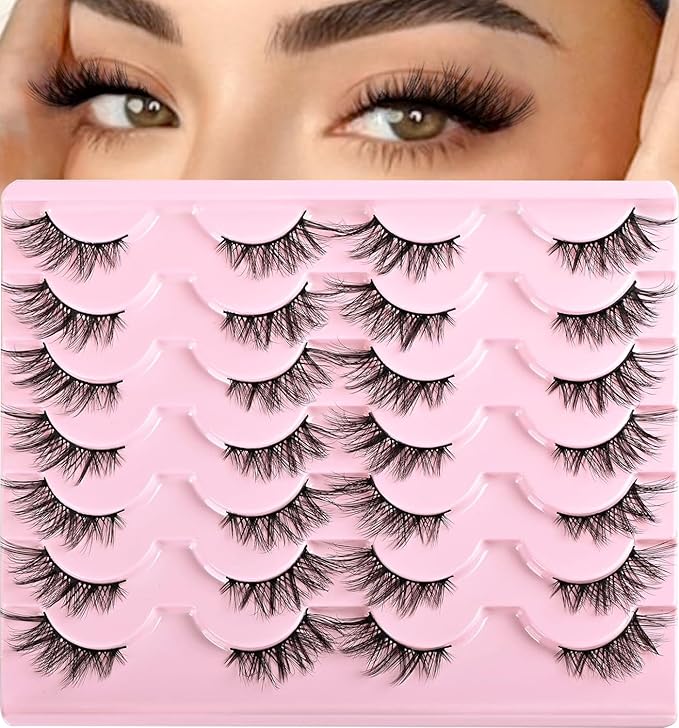 Half Lashes False Half Eyelashes Cateye Wispy Lash Natural Look 14 Pairs Fake Eyelash Strips 8-15mm 3D Fluffy Lashes Pack for Women