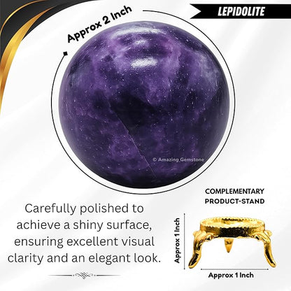 Amazing Gemstone Lepidolite Crystal Ball with Stand - 2" Inches Crystal Sphere Meditation Balls for Witchcraft and Decorative Balls