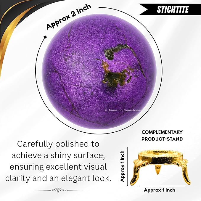 Amazing Gemstone Stichtite Crystal Ball with Stand - 2 Inches Crystal Sphere Meditation Balls for Witchcraft and Decorative Balls